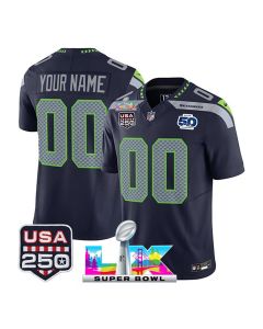 Youth Seattle Seahawks Custom Navy Super Bowl LX Patch 50th Season & USA 250' Patch Vapor F.U.S.E. Limited Jersey
