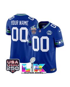 Youth Seattle Seahawks Custom Royal Super Bowl LX Patch 50th Season & USA 250' Patch Vapor F.U.S.E. Limited Jersey (Royal)