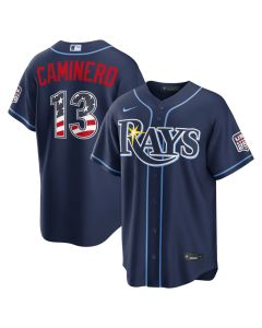 Youth Tampa Bay Rays #13 Junior Caminero Nike Navy USA 250 Fourth of July Road Stadium Jersey (Navy)