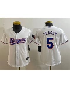 Youth Texas Rangers #5 Corey Seager White With Patch Stitched Baseball Jersey