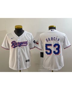 Youth Texas Rangers #53 Adolis Garcia White With Patch Stitched Baseball Jersey
