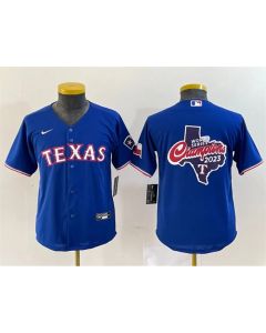 Youth Texas Rangers Royal 2023 World Series Champions Big Logo With Patch Stitched Baseball Jersey