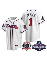 Men's Atlanta Braves #1 Ozzie Albies 2021 White World Series Champions With 150th Anniversary Patch Cool Base Stitched Jersey