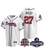 Men's Atlanta Braves #27 Austin Riley 2021 White World Series Champions With 150th Anniversary Patch Cool Base Stitched Jersey