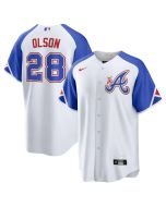 Men's Atlanta Braves #28 Matt Olson White 2023 City Connect Cool Base Stitched Baseball Jersey