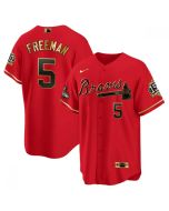 Men's Atlanta Braves #5 Freddie Freeman 2021 Red/Gold World Series Champions With 150th Anniversary Patch Cool Base Stitched Jersey