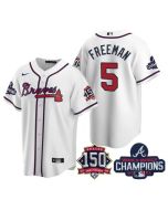 Men's Atlanta Braves #5 Freddie Freeman 2021 White World Series Champions With 150th Anniversary Patch Cool Base Stitched Jersey