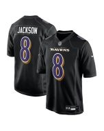 Men's Baltimore Ravens #8 Lamar Jackson Carbon Black Fashion Game Jersey (Black)
