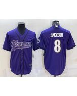 Men's Baltimore Ravens #8 Lamar Jackson Purple With Patch Cool Base Stitched Baseball Jersey