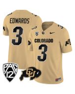 Men's Colorado Buffaloes #3 Dylan Edwards Gold 2023 F.U.S.E. With PAC-12 Patch Stitched Football Jersey