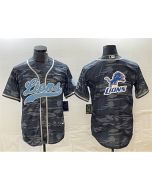 Men's Detroit Lions Grey Camo Team Big Logo Cool Base Stitched Baseball Jersey