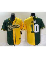 Men's Green Bay Packers #10 Jordan Love Green/Gold Split Cool Base Stitched Baseball Jersey