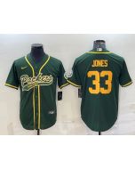 Men's Green Bay Packers #33 Aaron Jones Green Gold With Patch Cool Base Stitched Baseball Jersey