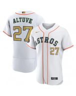 Men's Houston Astros #27 Jose Altuve White 2023 Gold Collection With World Series Champions Patch Stitched Baseball Jersey