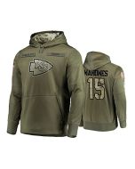 Men's Kansas City Chiefs #15 Patrick Mahomes 2019 Olive Salute To Service Sideline Therma Performance Pullover Hoodie