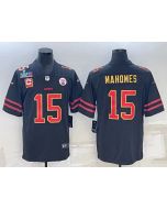 Men's Kansas City Chiefs #15 Patrick Mahomes Black Red Gold Super Bowl LVII Patch And 4-star C Patch Vapor Untouchable Limited Stitched Jersey