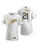 Men's Los Angeles Dodgers #21 Walker Buehler White Golden Edition Flex Base Stitched MLB Jersey