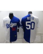 Men's Los Angeles Dodgers #50 Mookie Betts White/Blue Split Cool Base Stitched Baseball Jersey (Blue White)