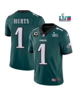 Men's Philadelphia Eagles #1 Jalen Hurts Green Super Bowl LVII Patch And 2-star C Patch Vapor Untouchable Limited Stitched Jersey (Green)