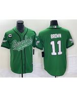 Men's Philadelphia Eagles #11 A. J. Brown Green With 3-star C Patch Cool Base Stitched Baseball Jersey