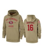 Men's San Francisco 49ers #16 Joe Montana Tan 2019 Salute to Service Sideline Therma Pullover Hoodie