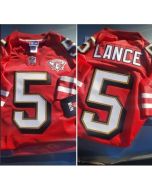 Men's San Francisco 49ers #5 Trey Lance 2021 75th Anniversary Red Throwback NFL Stitched Jersey