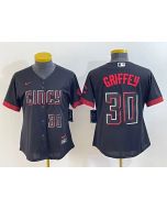 Women's Cincinnati Reds #30 Ken Griffey Jr. Black 2023 City Connect With Patch Stitched Baseball Jersey(Run Small)