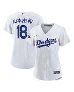 Women's Los Angeles Dodgers #18 Yoshinobu Yamamoto White 2024 World Series Champions Home Japanese Characters Replica Player Jersey