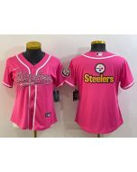 Women's Pittsburgh Steelers Pink Team Big Logo With Patch Cool Base Stitched Baseball Jersey(Run Small)
