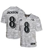 Youth Baltimore Ravens Lamar Jackson Arctic Camo 2024 Salute to Service Game Jersey