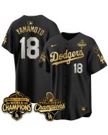 Youth Los Angeles Dodgers #18 Yoshinobu Yamamoto Black 2025 World Series Champions Jersey (Black)